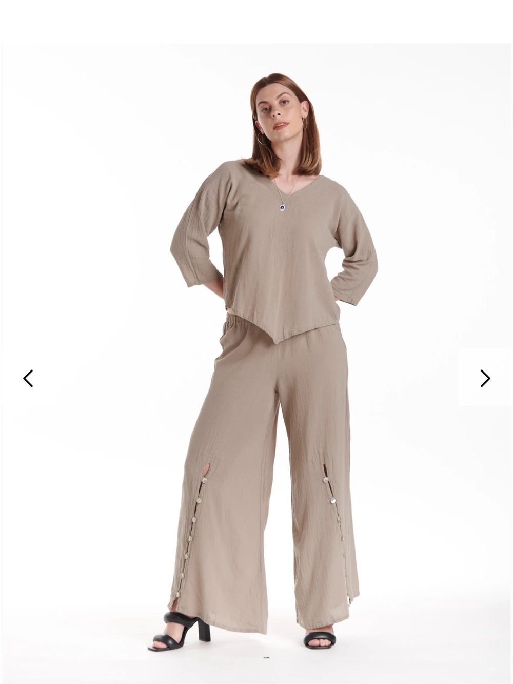 Oh My Gauze! Dallas Wide-Leg Button-Trim Cotton Gauze Cotton Pants in Taupe